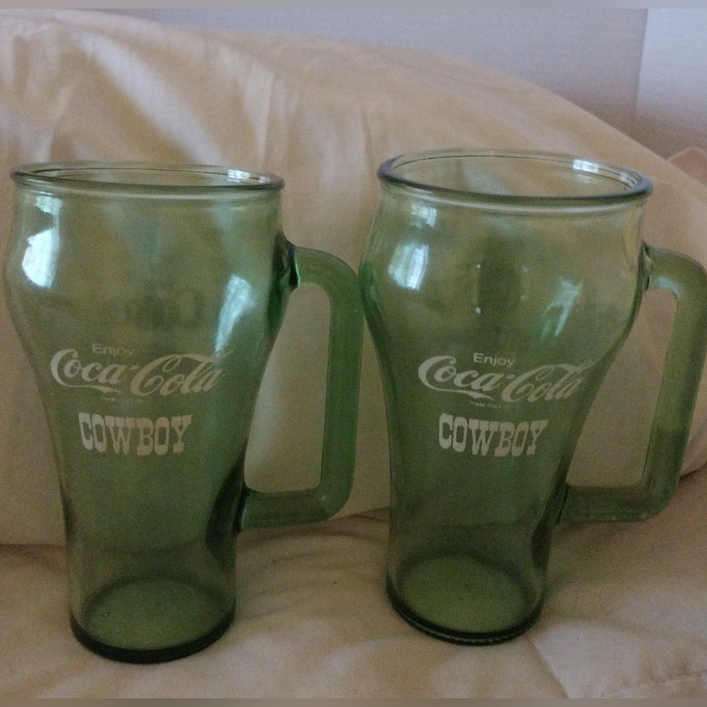 Vintage Set of 2 Coca Cola Green Glass Cowboy Whataburger Mug Drink Cups